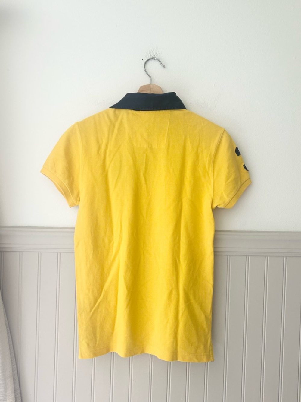 Y2K Ralph Lauren Men’s Medium Yellow Polo Shirt with Navy Big Pony - Picture 7 of 10